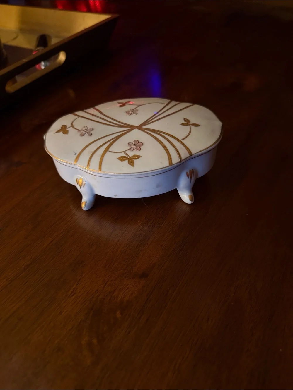 Porcelain Footed Trinket Box with Gold Floral Accents